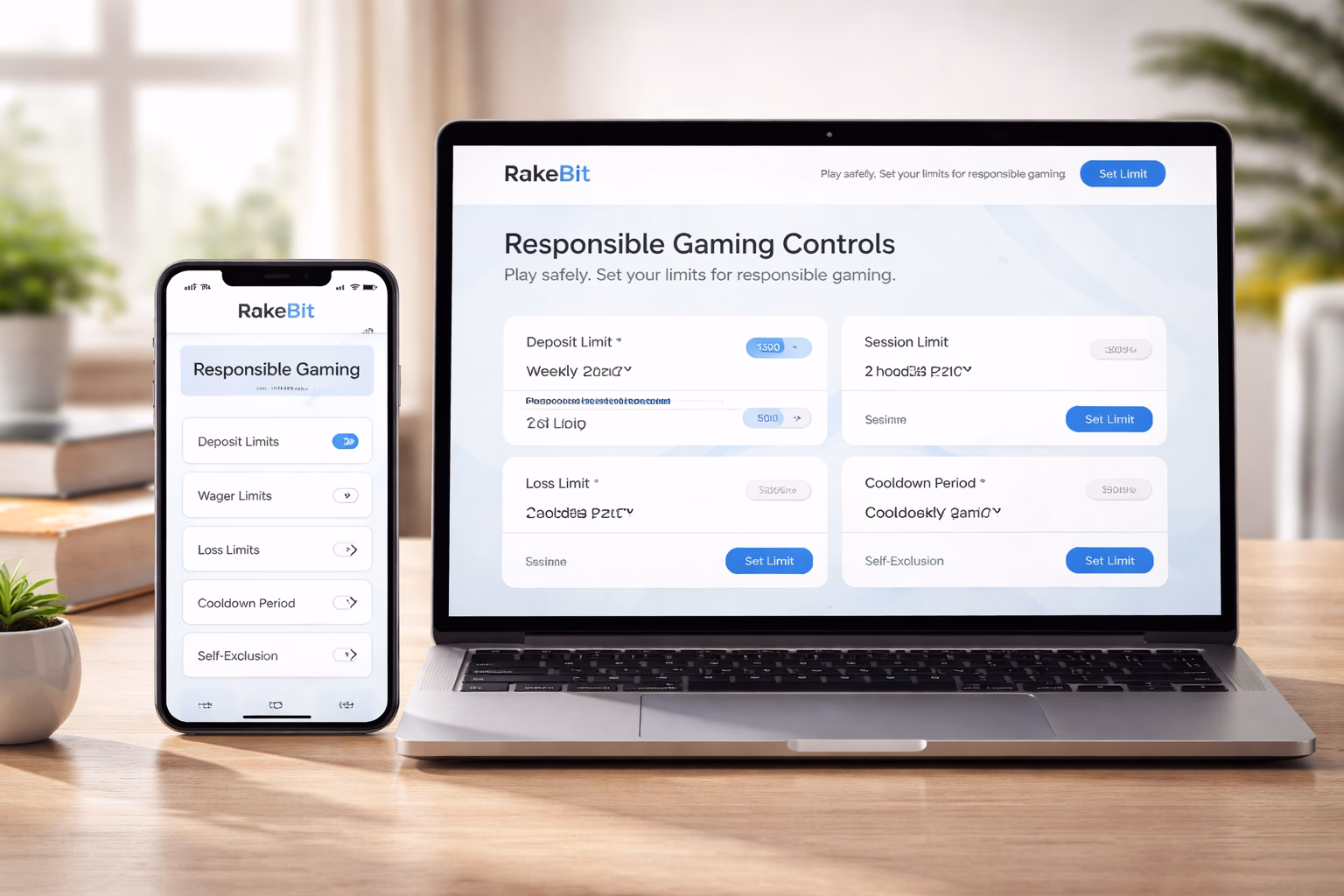 A focused user reviewing responsible gaming settings on the RakeBit platform in a calm home environment.