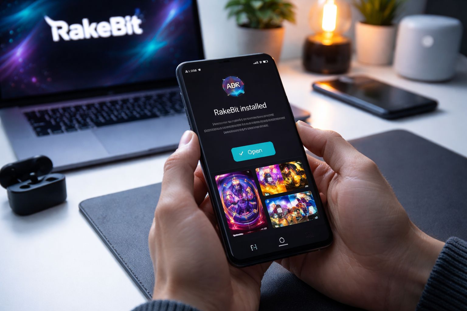 Smiling player installing the RakeBit Android APK on a phone in a bright modern environment