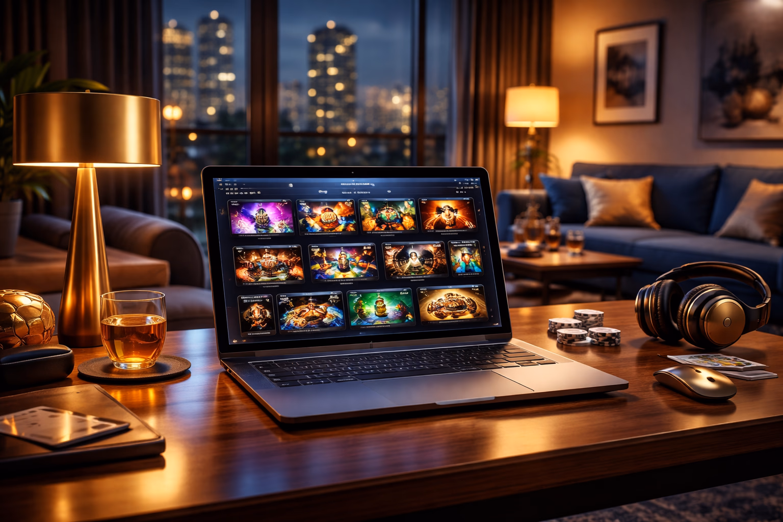 An Argentinian player reviewing the RakeBit Casino lobby on a laptop with colorful game tiles and live tables visible on screen.