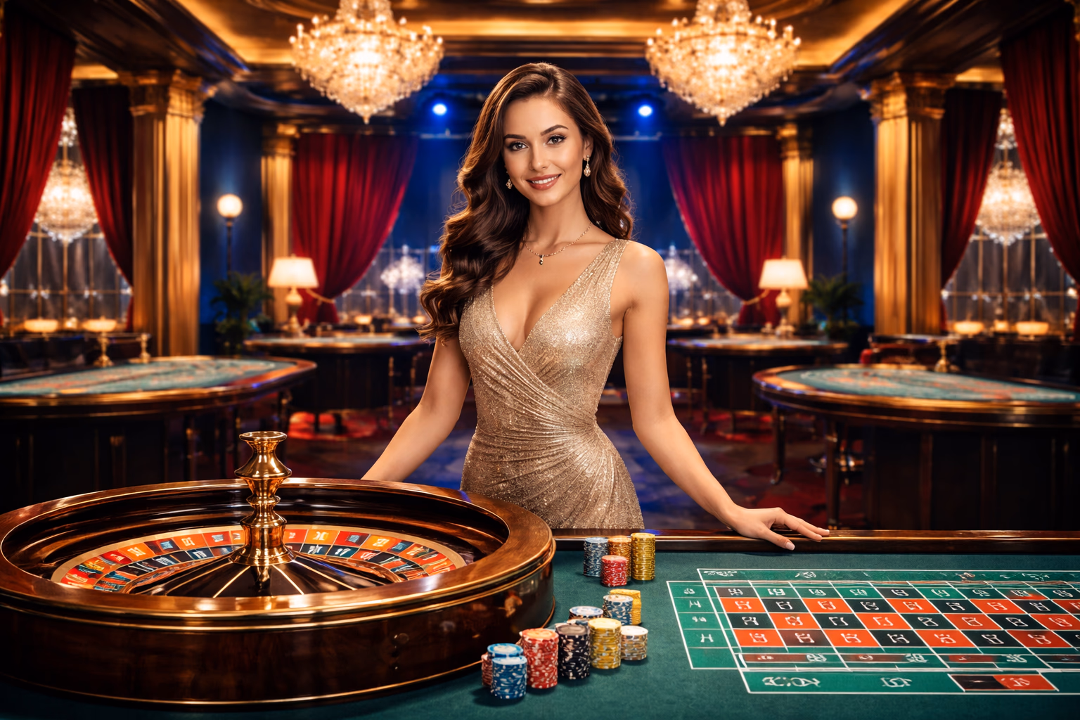 A professional live dealer at a sleek RakeBit-branded roulette table during an engaging online casino session.
