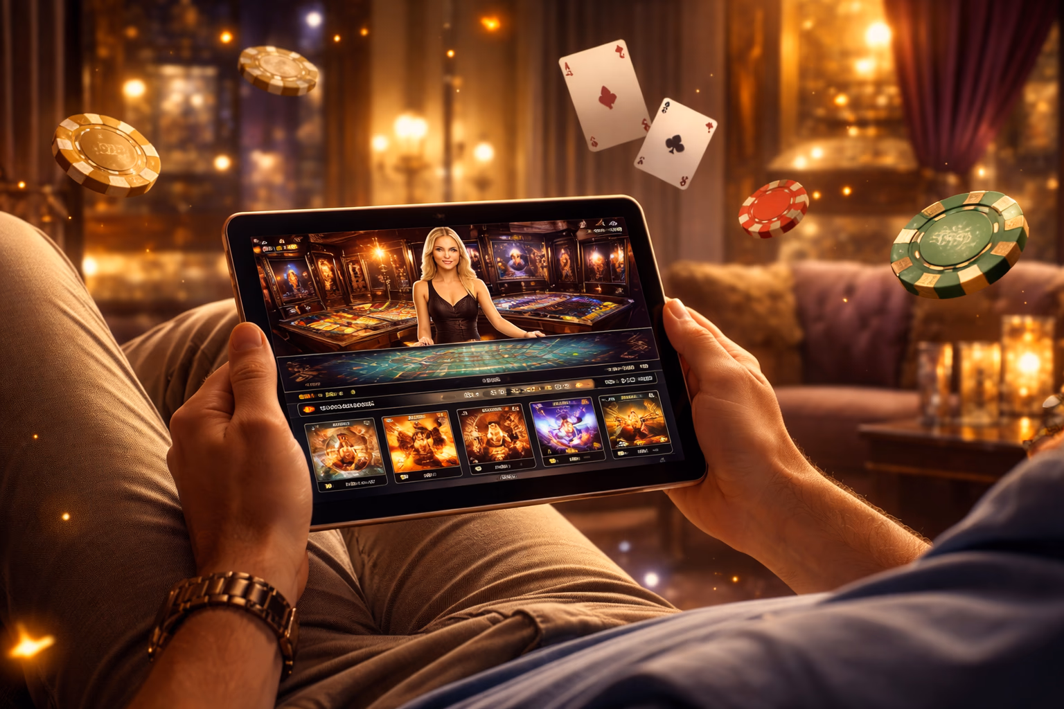 Player enjoying the RakeBit platform on a tablet with vibrant casino visuals and a modern setting