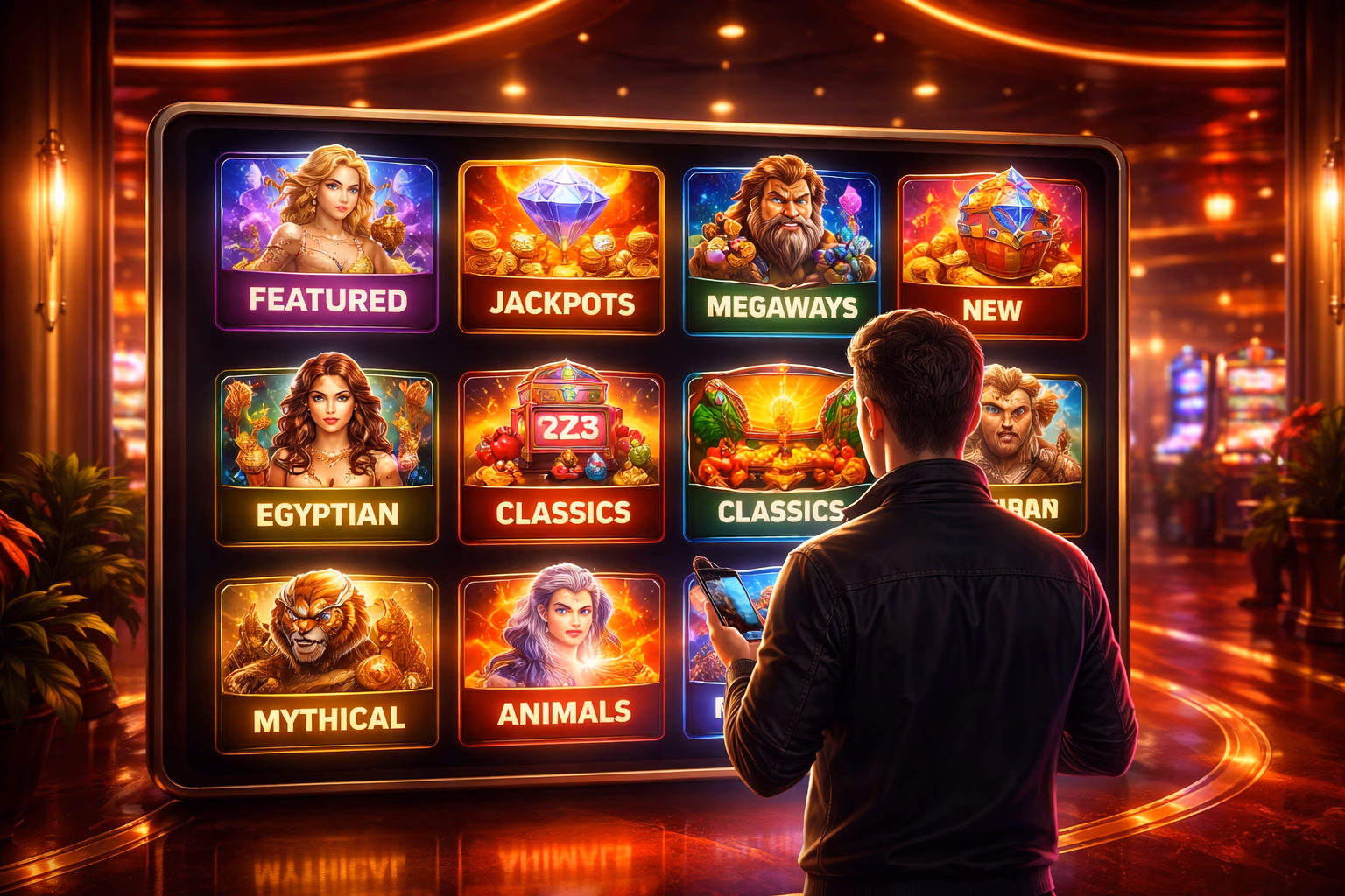 A focused player browsing multiple RakeBit slot categories on a modern screen in a stylish Argentina gaming setting